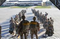 Paratroopers assigned to the 3rd Brigade Combat Team, 82nd Airborne Division load an Airforce C-17 Globemaster aircraft to conduct Operation Panther Storm on Thursday, March 28 at Fort Bragg’s Pope Army Airfield. (U.S. Army/ Sgt. Taylor Hoganson)