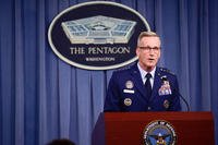 U.S. Air Force Gen. Terrence J. O'Shaughnessy, commander, United States Northern Command and North American Aerospace Defense Command, briefs the media and Department of Defense about Hurricane Michael at the Pentagon, Washington, D.C., Oct. 10, 2018. (DoD photo/Angelita M. Lawrence)