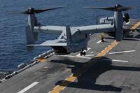 FILE -- An MV-22B Osprey adjusts it's landing position on the amphibious assault ship, USS Bataan (LHD 5), Aug. 28, 2019. (U.S. Navy/Mass Communication Specialist 1st Class Kegan E. Kay)