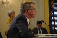 Deputy Secretary of Defense David Norquist listens to Sen. Tim Kaine asking questions, Nov. 20, 2019. (Military.com photo/Dorothy Mills-Gregg)