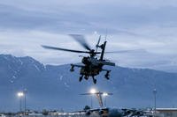 A Task Force Iron Eagles' Apache takes off in Afghanistan ready to conduct aviation operations in support of our regional, coalition and NATO partners, April 11, 2018. (U.S. Army photo/Roxana Thompson)