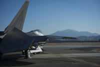 A U.S. Air Force F-22 Raptor stands by for takeoff Dec. 5, 2017, at Gwangju Air Base, Republic of Korea during Exercise Vigilant Ace-18.Vigilant Ace gives aircrews and air support operations personnel from various airframes, military services and ROK partners an opportunity to integrate and practice combat operations against realistic air and ground threats. (Kristen A. Heller/Air Force)