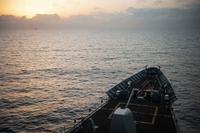 The guided-missile cruiser USS Vella Gulf sails through the Gulf of Aden.