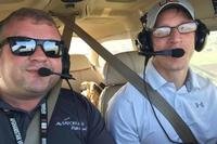 Justin Abbott (left), Claymore Operations board vice chairman, served in Afghanistan and is now a private pilot and veteran mentor for Claymore. He teaches his mentee, Bryan LaPlante, how to fly. LaPlante, a 20-year Army soldier, will soon retire from Fort Hood.