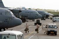 C-130 Hercules aircrew members at Karshi-Khanabad Air Base, Uzbekistan.