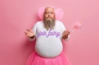 shrugging man with wings, tutu, and job fairy tshirt
