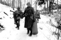 American infantrymen of the 290th Regiment, armed with rifles and bazookas, move through fresh snowfall in a forest near Amonines, Belgium.