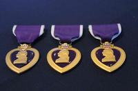 Three Purple Heart Medals displayed in a box.