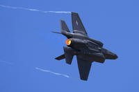 U.S. Air Force fighter aircraft F-35 performs aerobatic maneuvers