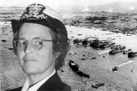 Navy Cdr. Mary Sears. In the background, U.S. troops make landfall on Okinawa