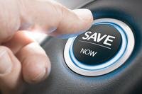 The words "save now" appear on a car ignition button 