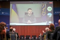 Ukrainian President Volodymyr Zelenskyy speaks during a live broadcast