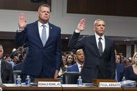 U.S. Secret Service Acting Director Ronald Rowe, left, and FBI Deputy Director Paul Abbate are sworn in before they testify before a Joint Senate Committee on Homeland Security and Governmental Affairs and Senate Committee on the Judiciary hearing examining the security failures leading to the assassination attempt on Republican presidential candidate former President Donald Trump in Washington.