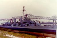 The former U.S. Navy Fletcher-class destroyer USS Kidd (DD-661) tied up as a museum ship in Baton Rouge, Louisiana, on Aug. 26, 1988.