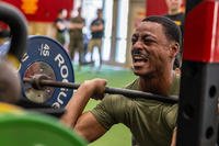 U.S. Marine Corps Cpl. Xavier Abreu completes a front squat at The Basic School on Marine Corps Base Quantico, Virginia.