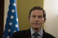 U.S. Senator Richard Blumenthal (D-CT), makes remarks to journalists at a joint statement with Lindsey Graham (R-SC), during their visit to Israel