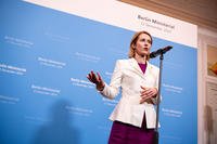 Kaja Kallas, EU high representative for foreign affairs, gives a statement on the meeting of European Union foreign ministers at the Federal Foreign Office in Berlin.