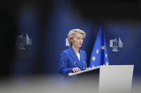 European Commission President Ursula von der Leyen speaks during a media conference on the defense package at EU headquarters