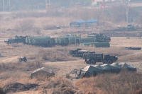 U.S. Army's armored vehicles prepare to cross the Hantan river at a training field in Yeoncheon, South Korea, near the border with North Korea