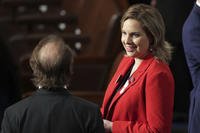 Rep. Ashley Hinson, R-Iowa, talks before President Joe Biden delivers the State of the Union address to a joint session of Congress at the U.S. Capitol, Thursday March 7, 2024, in Washington.
