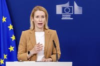 European Union foreign policy chief Kaja Kallas addresses the media at EU headquarters in Brussels