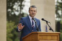 U.S. Defense Secretary Pete Hegseth delivers a speech at the US cemetery