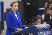 Denmark's Prime Minister Mette Frederiksen delivers her speech