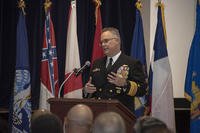 Vice Adm. Timothy 'TJ' White, commander, U.S. Fleet Cyber Command/U.S. 10th Fleet (FCC/C10F), speaks at the retirement ceremony of Command Master Chief Dee Allen, command master chief of FCC/C10F, on Fort Meade, Maryland.