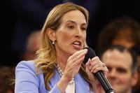 Democrat Mikie Sherrill responds to questions during the first general election gubernatorial debate with Republican opponent Jack Ciattarelli in Lawrenceville, N.J.