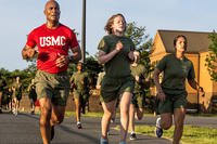 U.S. Marine Corps candidates with Officer Candidate School complete a 3-mile run during the inventory Physical Fitness Test on Marine Corps Base Quantico, Virginia.
