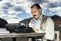 Courtesy of Unfeatured Films, AI enhanced images, Here, Hemingway types away against a mountain backdrop, his concentration as intense as his prose.