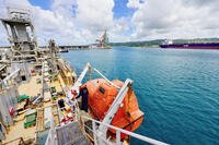 The Port of Guam as seen from the motor vessel Kenyo, offloading cement in Guam, on Oct. 20, 2022. The Port of Guam is the island's only deepwater port and receives about 90 percent of the island's imports. (U.S. Coast Guard photo by Chief Warrant Officer Sara Muir)