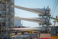 Wind turbine blades sit at the State Pier in New London, Connecticut.