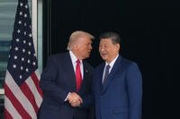 President Donald Trump, left, and Chinese President Xi Jinping, shake hands after their U.S.-China summit talk at Gimhae International Airport Jinping in Busan, South Korea, Thursday, Oct. 30, 2025. (AP Photo/Mark Schiefelbein)