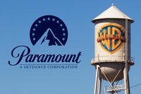 Composite image of the Paramount logo and the Warner Bros. water tower representing the proposed merger. Photo credit: Images via Wikimedia Commons; composite by Ryan Thomas LaBee for Military.com