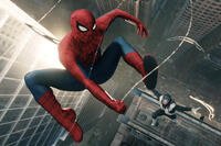 Spider-Man fighting Boomerang high above city. Photo Credit: Sony/Marvel Studios