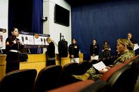 Sgt. Lucy Bello, administration NCO at Marine Corps University, models the new Marine Corps enlisted coat at Henderson Hall on April  17. (Pentagram photo/Delonte Harrod)
