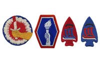 Left to right: 442nd Regimental Combat Team, first and second pattern patches. 74th Regimental Combat Team, correct patch in (2nd from right) and error (right).