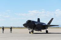 Brig. Gen. Scott Pleus, the 56th Fighter Wing commander, lands the flagship F-35 Lightning ll at Luke Air Force Base, Ariz., April 28, 2015. (U.S. Air Force photo/Senior Airman Devante Williams)