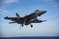An F/A-18E Super Hornet assigned to the Sidewinders of Strike Fighter Squadron (VFA) 86 approaches the flight deck of the aircraft carrier USS Dwight D. Eisenhower, April 4, 2017. (U.S. Navy photo/Nathan T. Beard)
