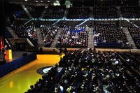 Former President Bill Clinton addresses midshipmen, staff and faculty at the U.S. Naval Academy during a Forrestal Lecture series in Alumni Hall.