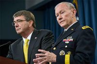 Army Gen. Martin E. Dempsey, chairman of the Joint Chiefs of Staff, answers a reporter's questions as Defense Secretary Ash Carter listens during a press conference at the Pentagon, May 7, 2015.  (DoD photo by Glenn Fawcett)
