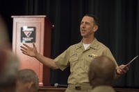Chief of Naval Operations Adm. John Richardson holds an all-hands call at Space and Naval Warfare Systems Center Pacific. (Photo: Mass Communication Specialist 1st Class Nathan Laird)