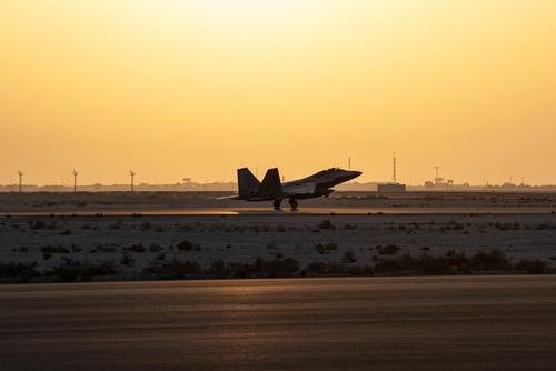 A F-22 Raptor arrives at Al-Dhafra Air Base in Abu Dhabi, United Arab Emirates.