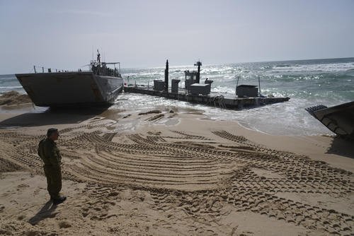 A U.S. Army landing craft is seen beached in Ashdod along the Gaza Strip
