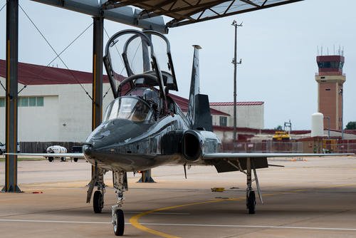 An instructor and student pilot taxi in a T-38C Talon at Vance Air Force Base