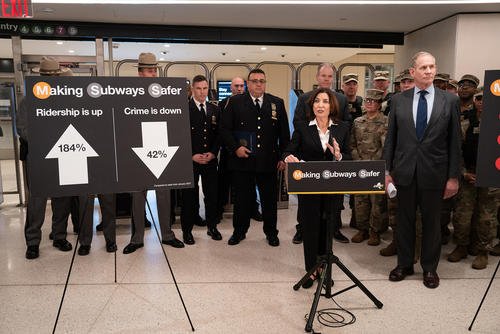 New York Gov. Kathy Hochul speaks at a press conference in Grand Central Station.