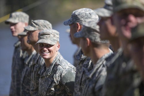 Maj. Lisa Jaster, center, the first Army Reserve female to graduate the Army's Ranger School