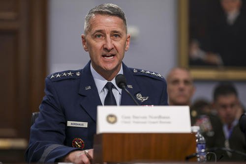 Air Force Gen. Steve Nordhaus, chief of the National Guard Bureau, testifies during a House Appropriations Committee Subcommittee on Defense oversight hearing in Washington.