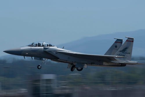 An F-15EX Eagle II, assigned to the 142nd Wing, takes off during the official unveiling ceremony for the new fighter jet at the Portland Air National Guard Base, Oregon.